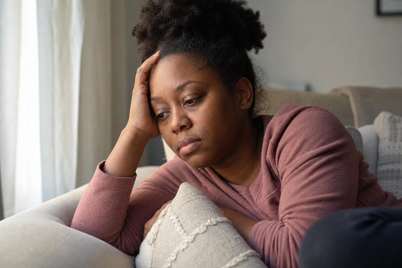 A tired woman resting her head on her hand on a living room sofa with a glass of water nearby