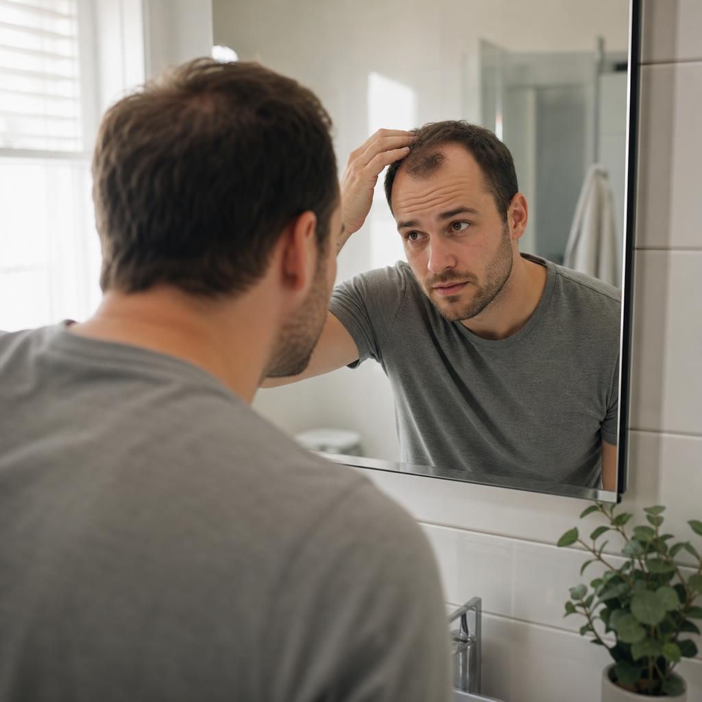 Man examining his receding hairline in a bathroom mirror, illustrating male pattern baldness and how finasteride works