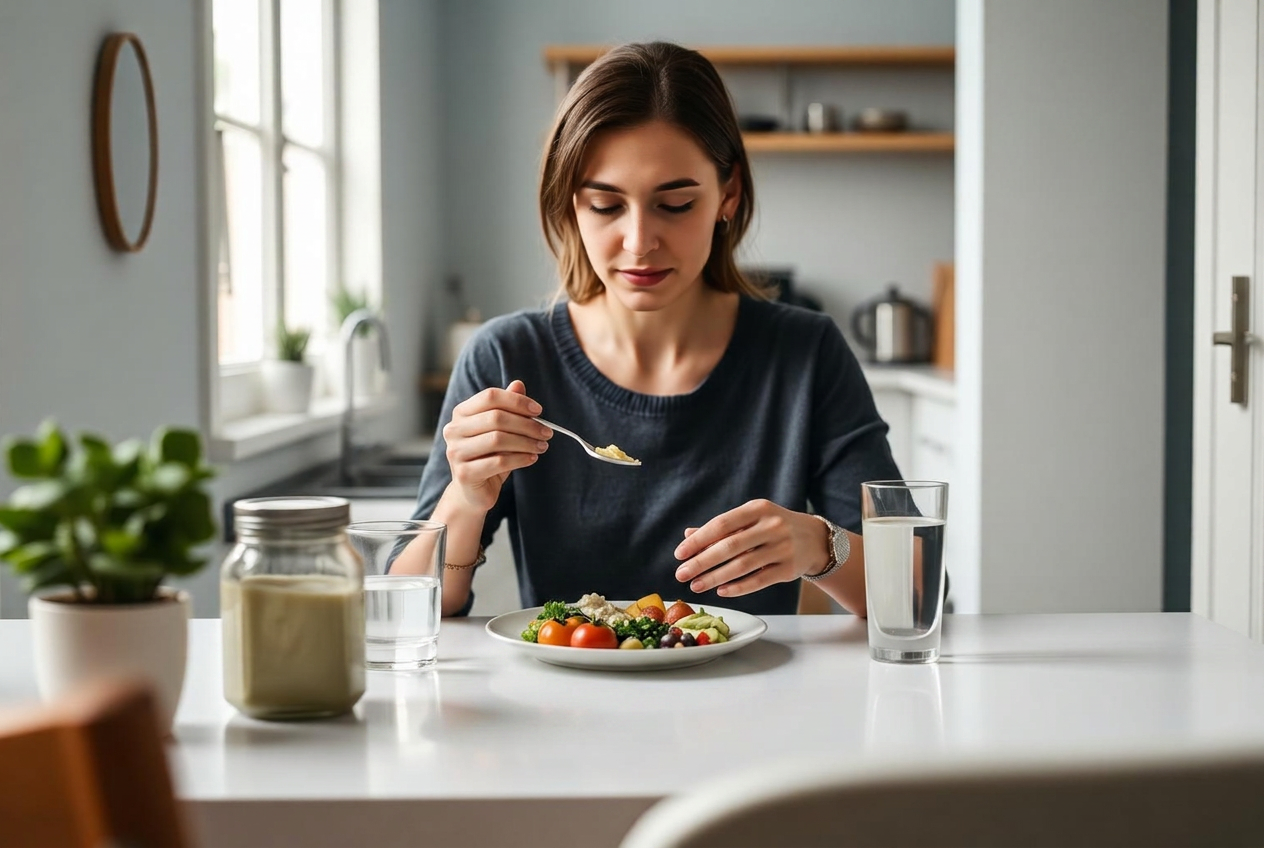 Woman eating a small, light meal slowly at a bright kitchen table to help manage GLP-1 nausea