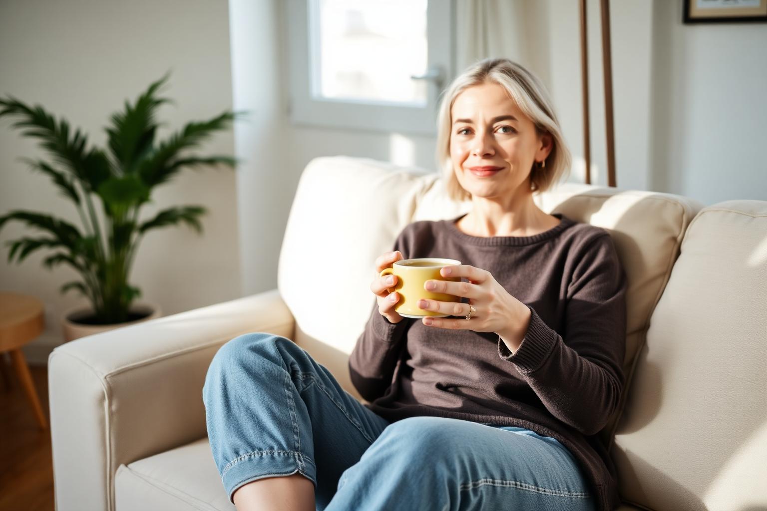 Woman relaxing at home with a warm cup of tea while managing GLP-1 nausea with provider-guided anti-nausea support