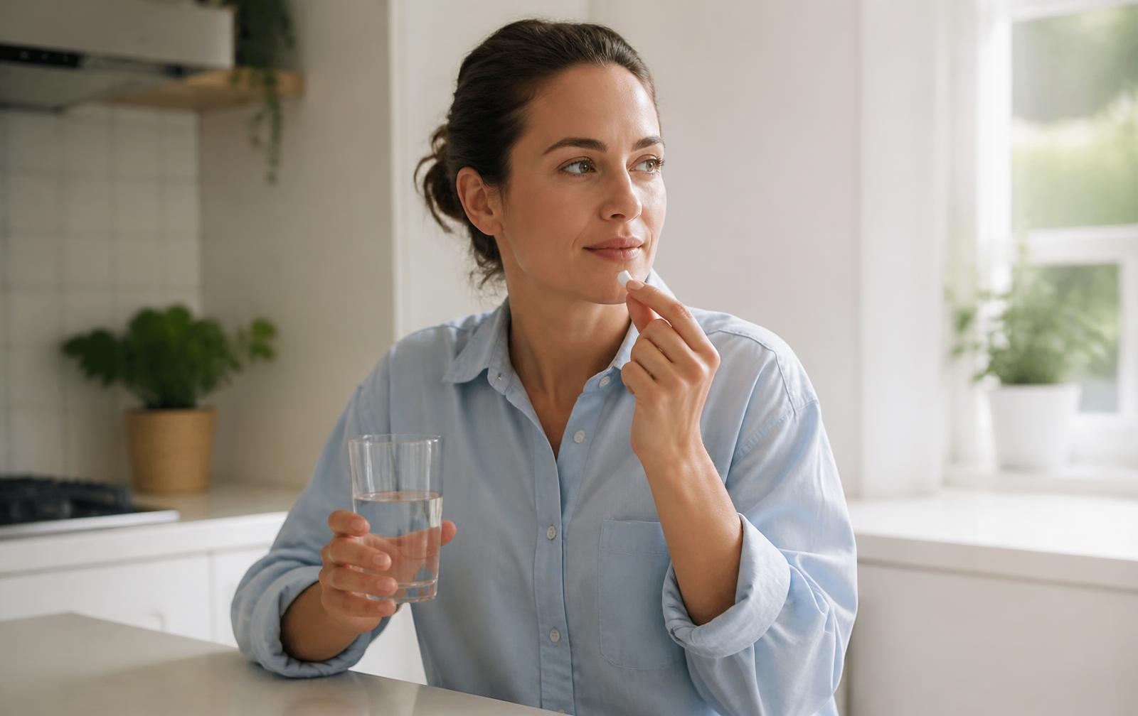 A relaxed woman holding a glass of water and a small tablet in a bright kitchen, illustrating a daily oral medication routine