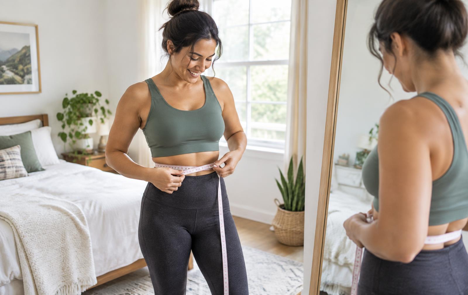 Woman measuring her waist with a soft measuring tape in front of a mirror at home while tracking weight-loss progress