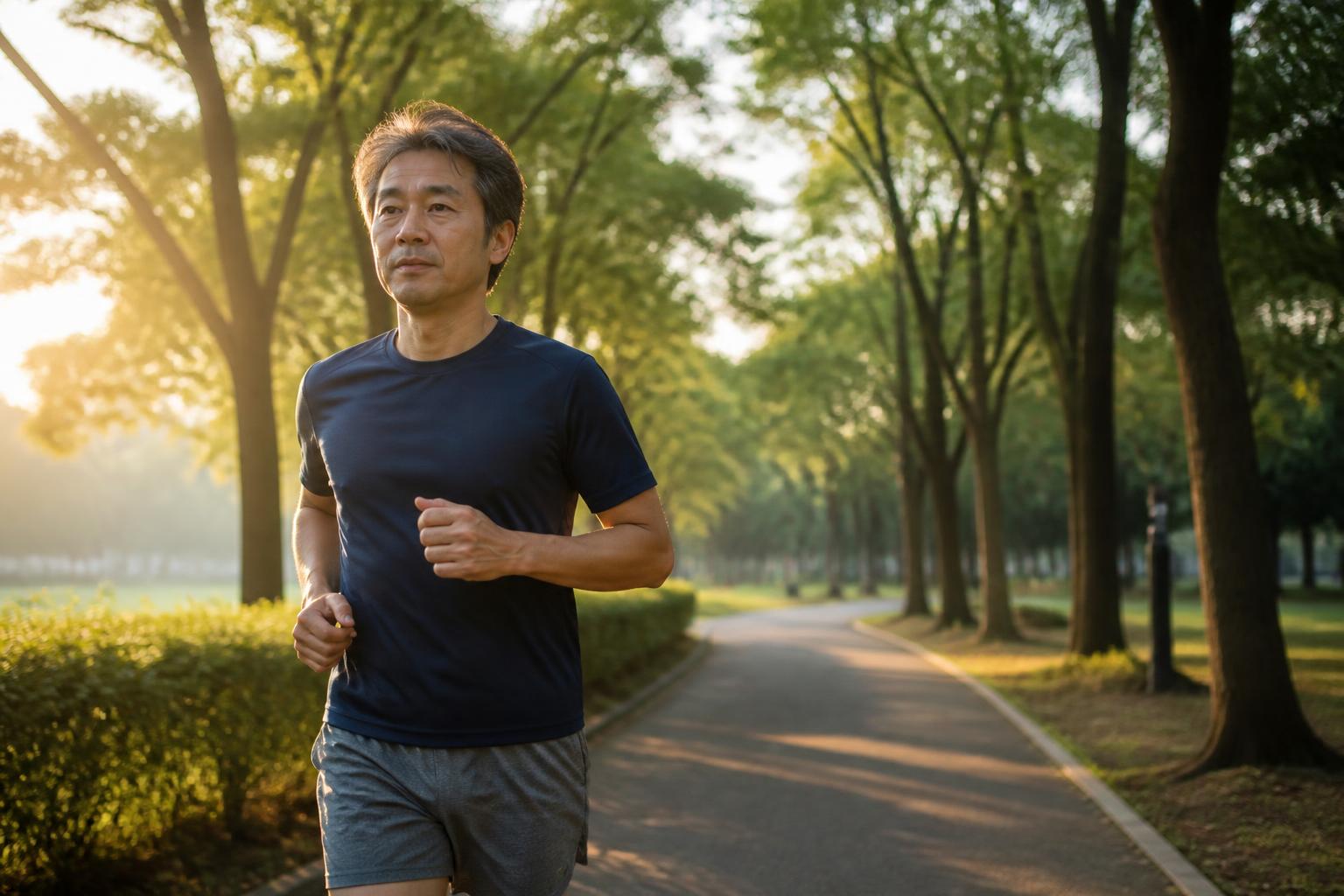 East Asian man in his early 50s jogging on a tree-lined park path at sunrise, illustrating how everyday factors like exercise contribute to the oxidative stress glutathione helps manage