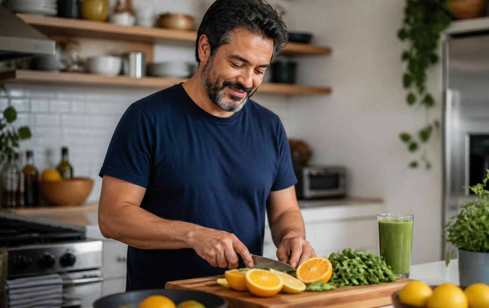 Hispanic man in his mid-40s preparing an antioxidant-rich meal with fresh citrus, leafy greens, and a green smoothie to support his body's natural glutathione production