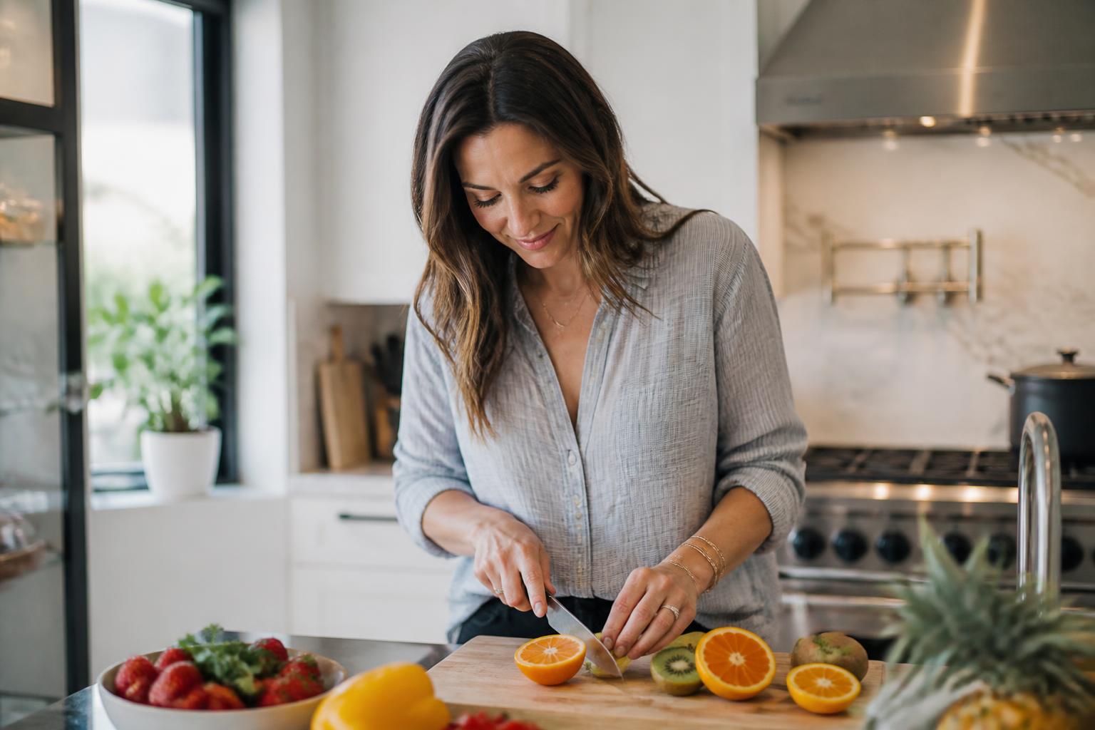 Woman preparing fresh citrus fruit, kiwi, and berries in a bright kitchen — natural food sources of vitamin C that support the body's antioxidant network alongside glutathione