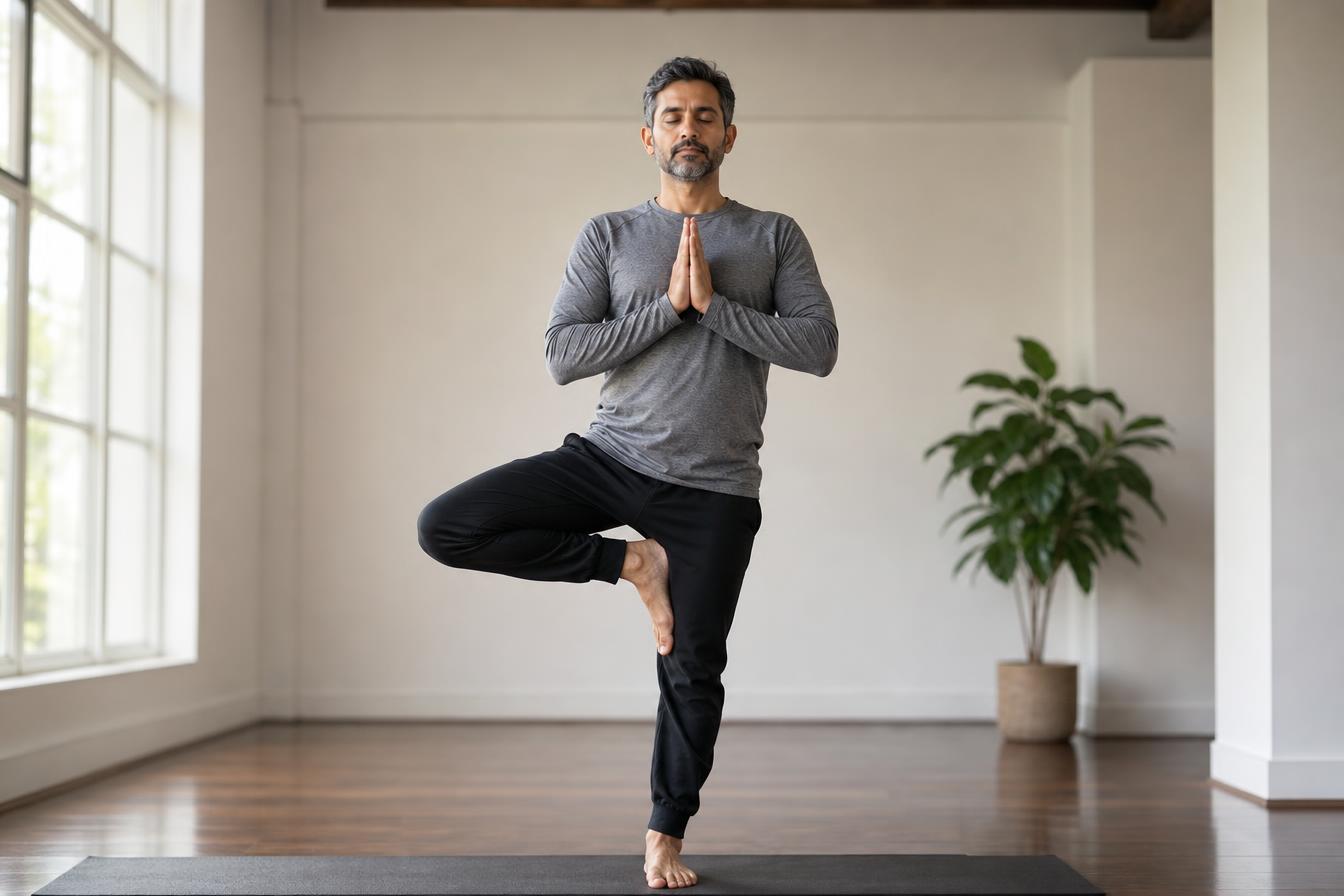 Man in modest athletic wear practicing yoga in a bright studio, representing the balanced wellness routine that MIC + B12 lipotropic injections complement