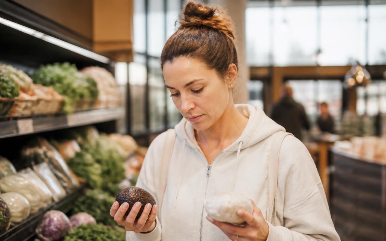 Woman in a grocery store produce aisle thoughtfully comparing products, weighing lipotropic injections vs. fat burners for weight-loss support