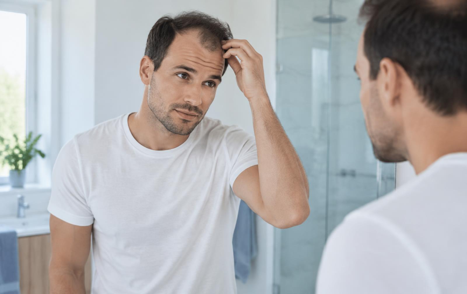Man examining his receding hairline and temples in a bright bathroom mirror