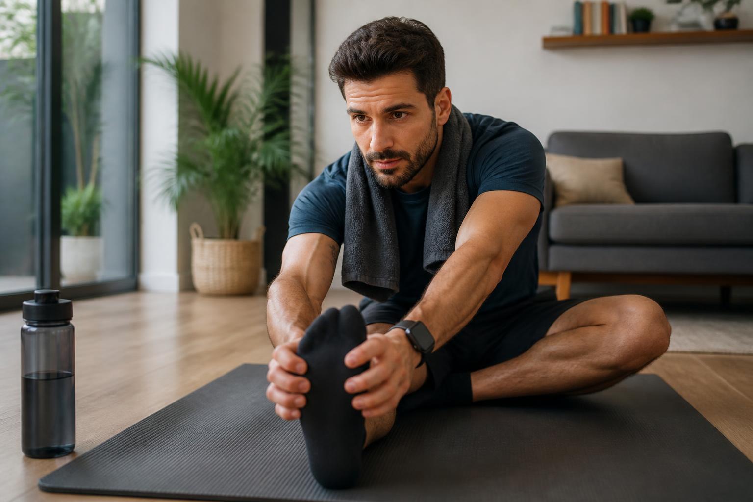 Athletic man stretching on a yoga mat in a bright living room after a workout — post-exercise recovery is where NAD+ research gets interesting