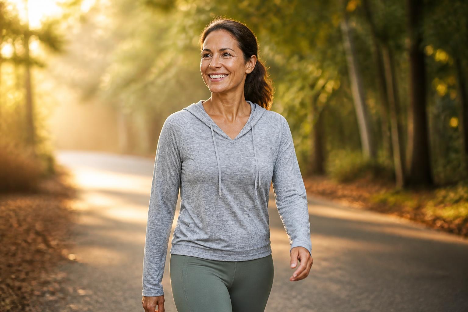 Active woman in her late 40s walking outdoors in morning light, representing healthspan and healthy aging supported by NAD+