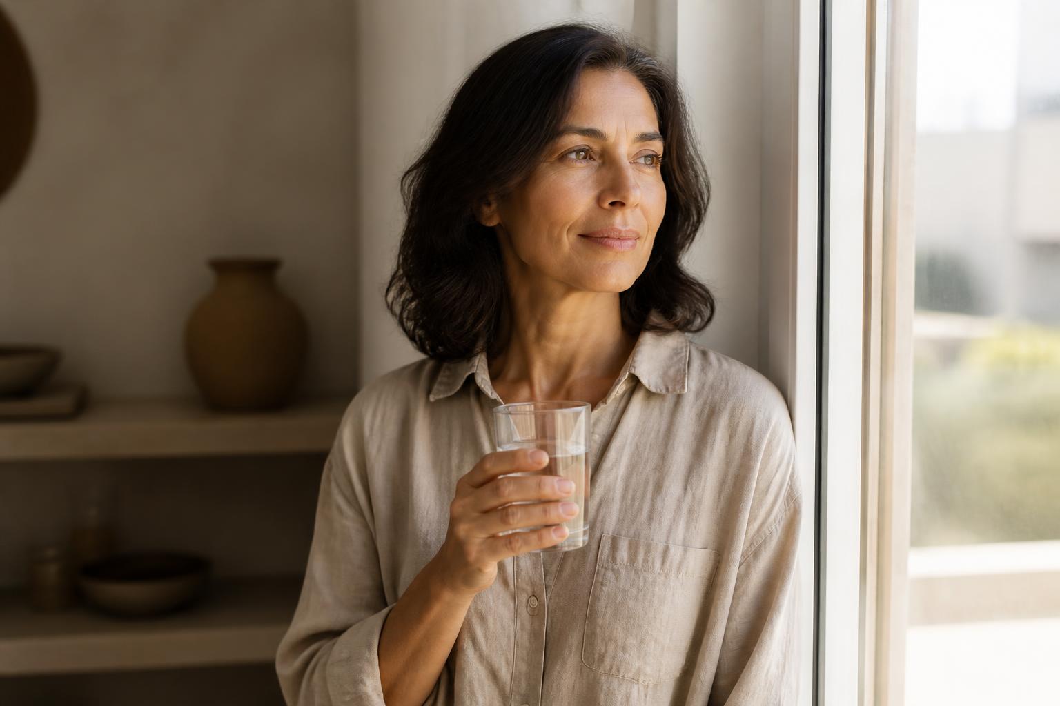 Woman in her 40s by a sunlit window looking calm and energized, illustrating how NAD+ supports daily cellular energy
