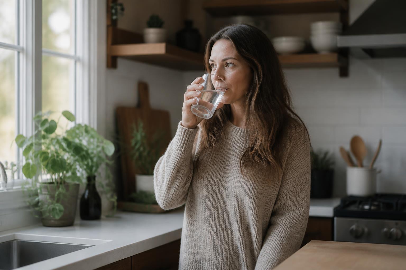 A woman drinking a glass of water at her kitchen counter during a calm morning routine, illustrating a daily oral medication habit