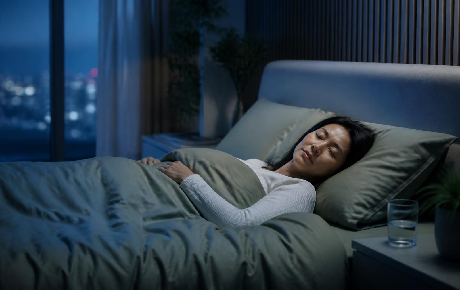 Woman sleeping peacefully at night, illustrating the link between deep sleep and natural growth hormone pulses