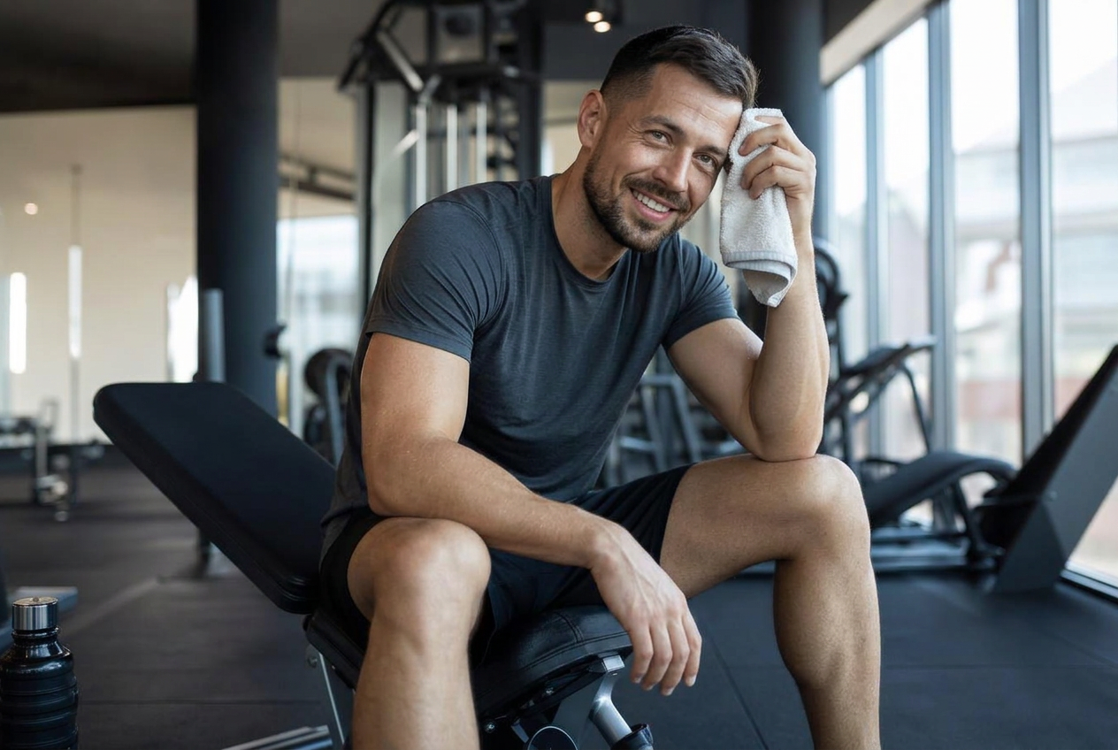 Man in his 40s resting with a towel after a home gym workout, exploring whether Sermorelin affects testosterone