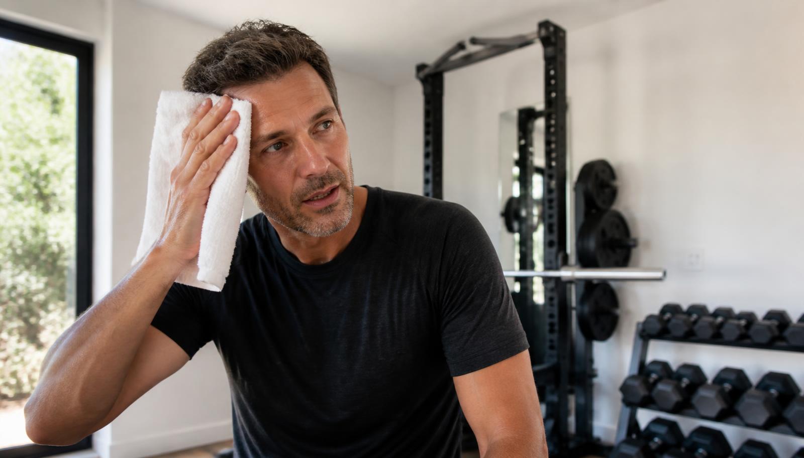Man in his 40s wiping his forehead with a towel after a home gym workout, thinking about what happens after stopping Sermorelin