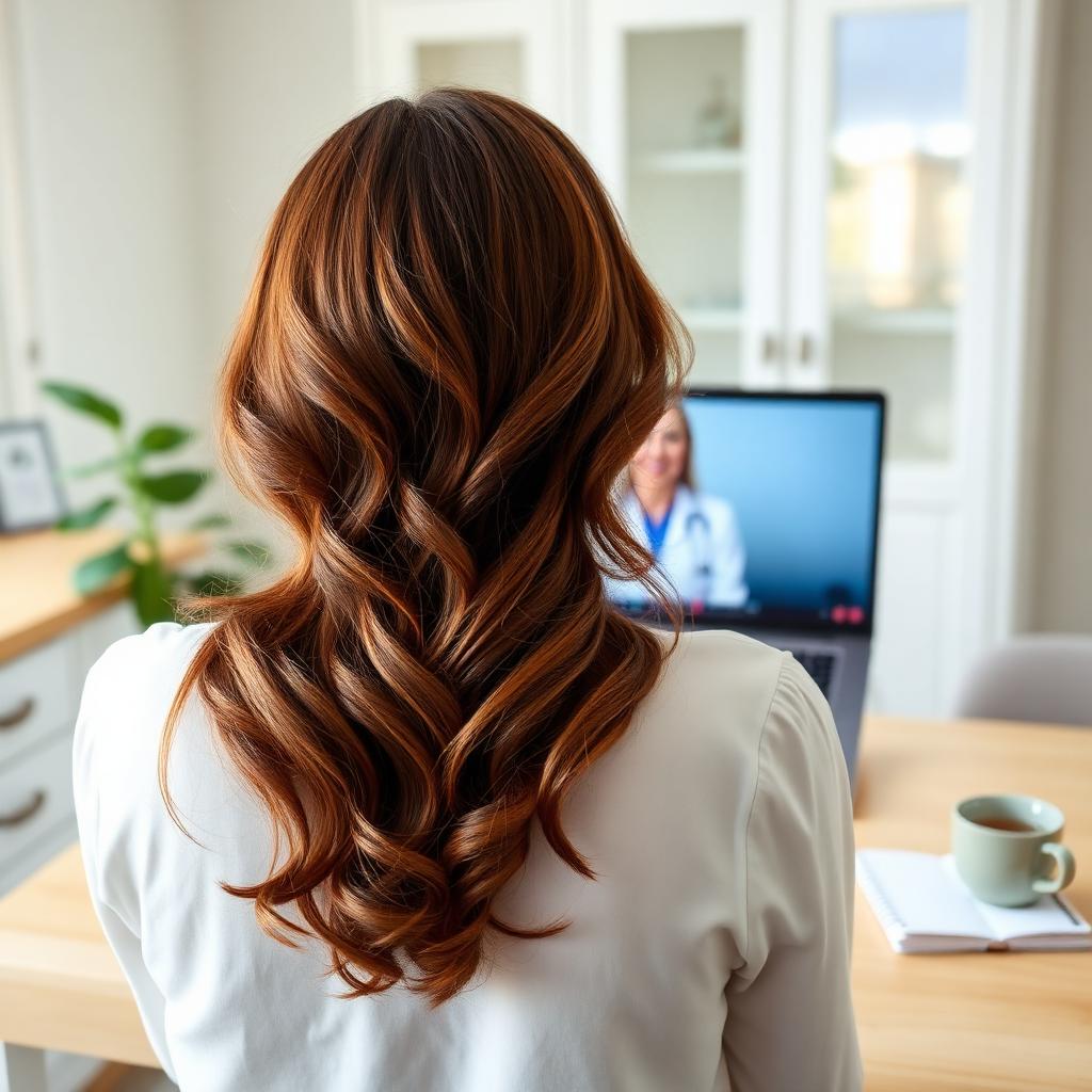 A woman at her kitchen table having a telehealth video consultation with a pharmacist on her laptop, learning what compounded semaglutide is and how it is prescribed