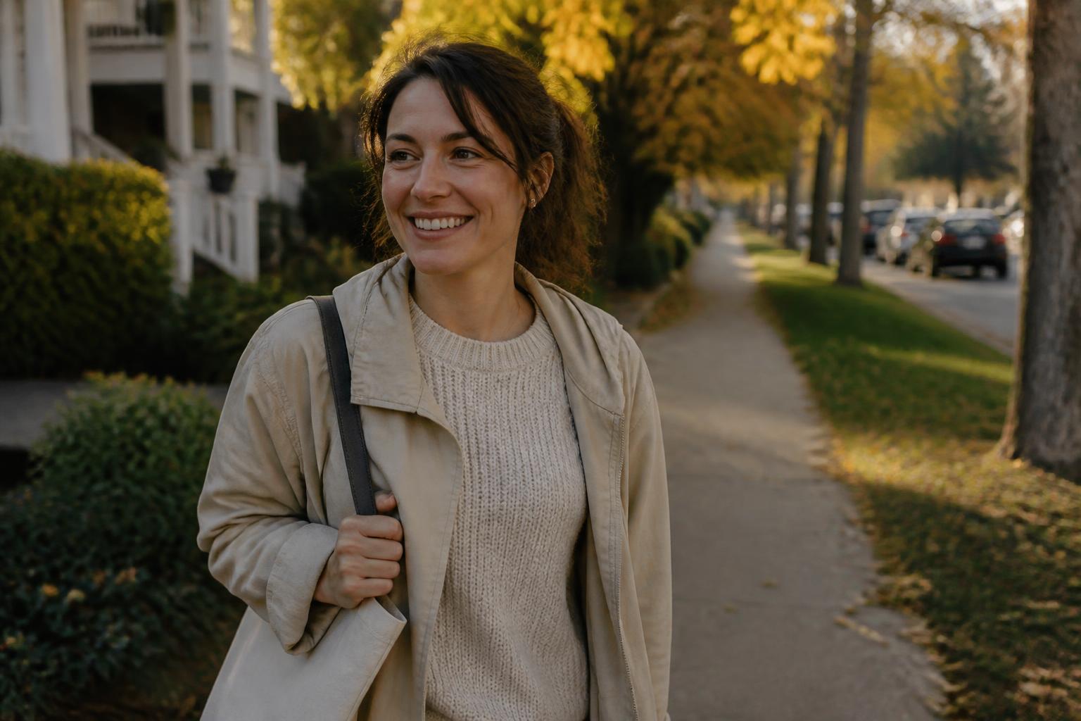 A woman in athletic wear pausing on a sunlit riverside walking path during a morning walk, part of a medically supervised weight-management routine