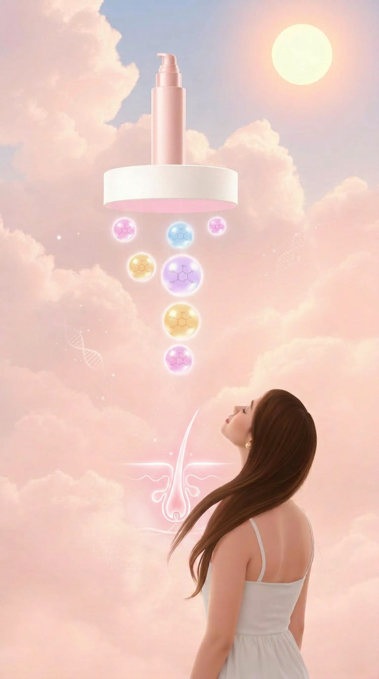A cinematic sky illustrating the science of our 5-in-1 topical hair growth formula for women — pink serum bottle, glowing molecular ingredients, hair follicle diagram, and a woman looking toward the horizon.