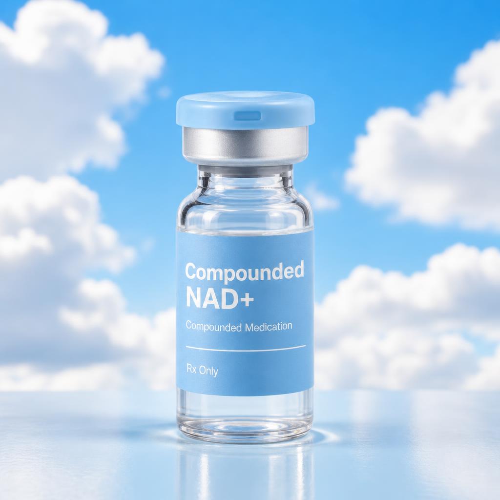 Compounded NAD+ vial against a blue sky