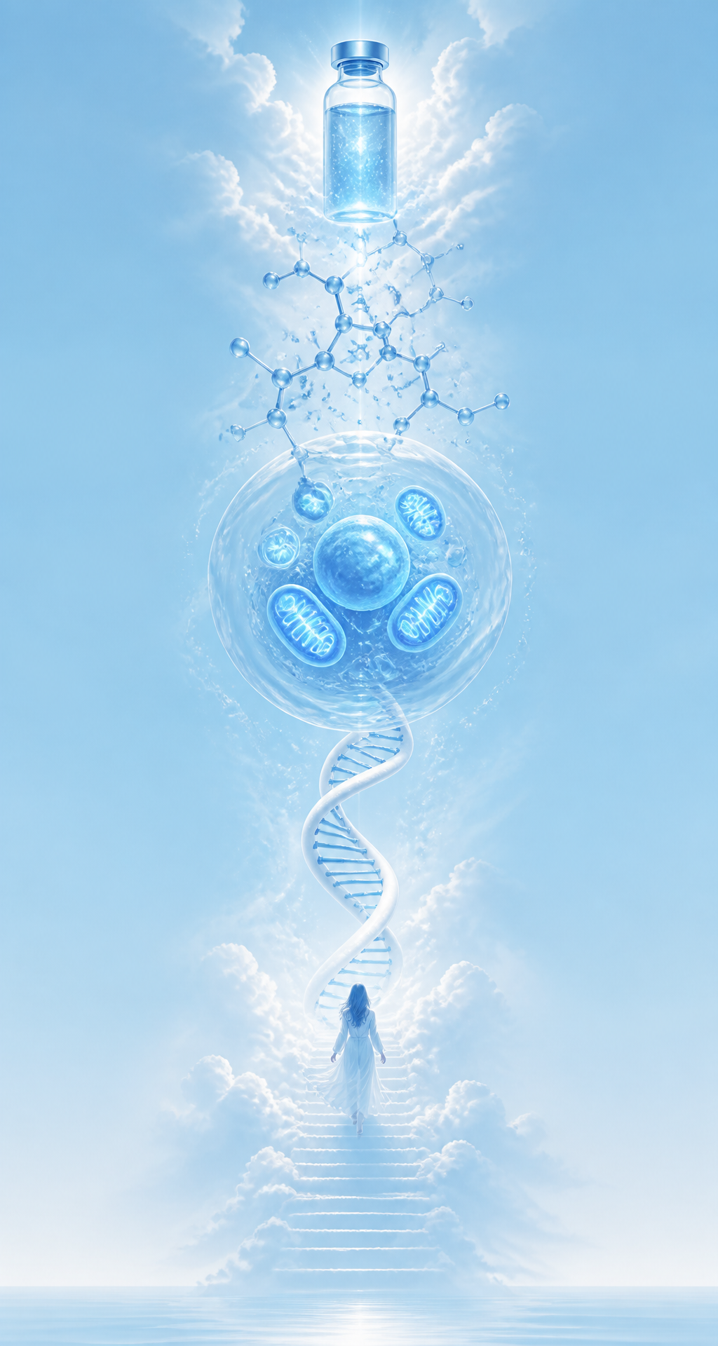 A cinematic sky illustrating the science of NAD+ — vial, molecules, cell with mitochondria, DNA helix and a figure ascending a staircase into a sunrise horizon.